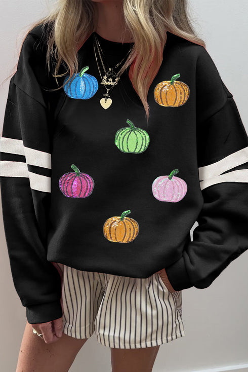 Sequin Pumpkin Varsity Stripe Crewneck Pullover Sweatshirt