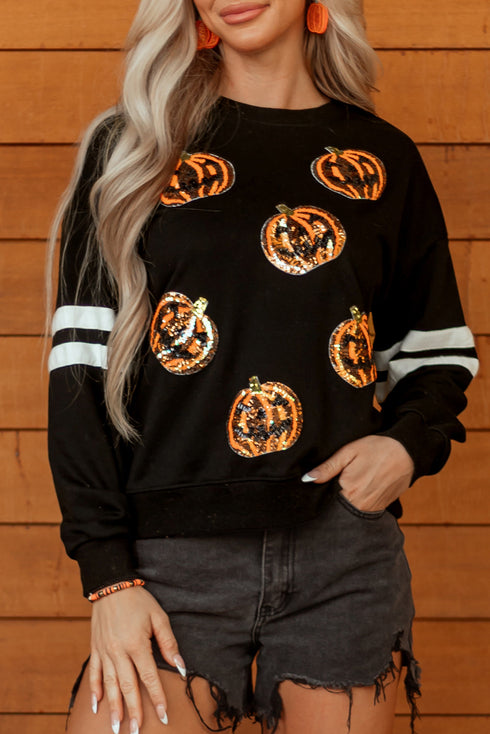 Sequin Pumpkin Varsity Stripe Crewneck Sweatshirt