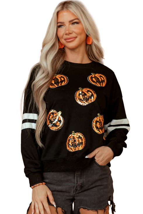 Sequin Pumpkin Varsity Stripe Crewneck Sweatshirt