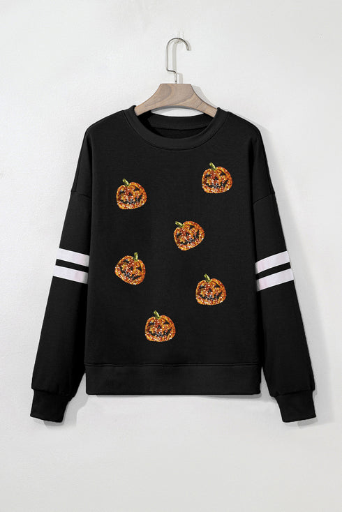 Sequin Pumpkin Varsity Stripe Crewneck Sweatshirt