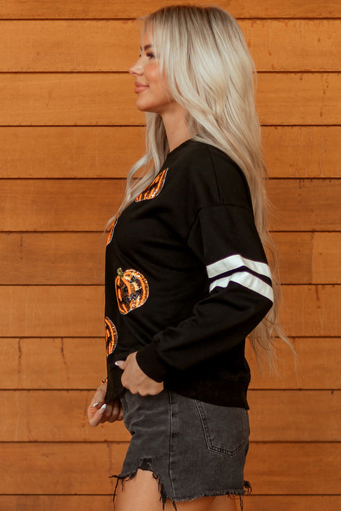 Sequin Pumpkin Varsity Stripe Crewneck Sweatshirt