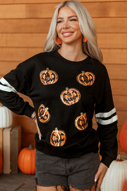 Sequin Pumpkin Varsity Stripe Crewneck Sweatshirt