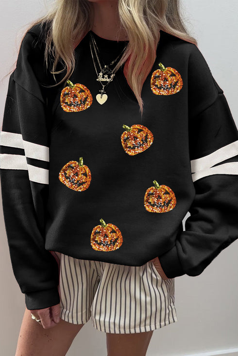 Sequin Pumpkin Varsity Stripe Crewneck Sweatshirt
