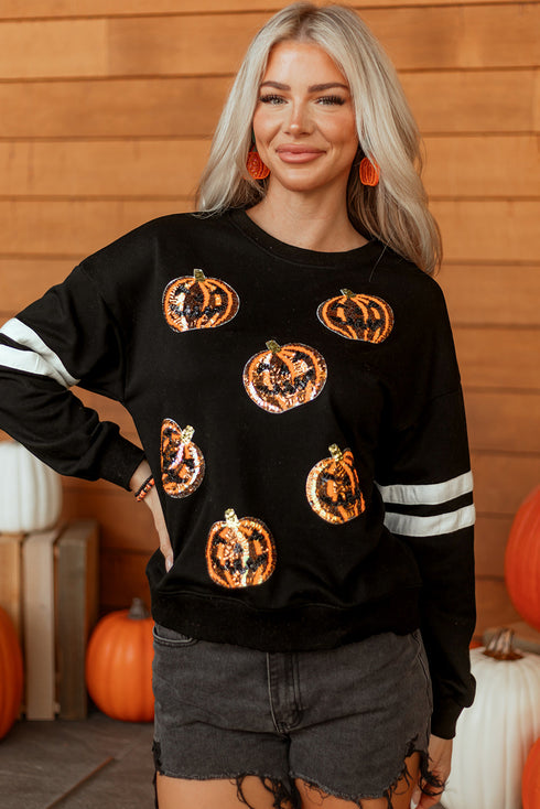 Sequin Pumpkin Varsity Stripe Crewneck Sweatshirt
