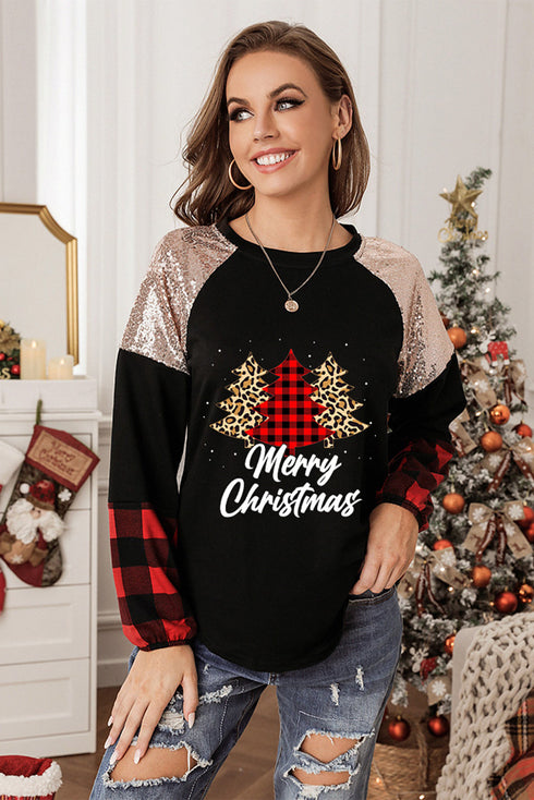 Sequin Raglan Holiday Tree Graphic Long Sleeve Top
