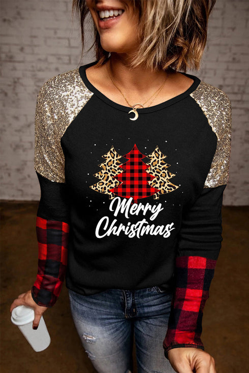 Sequin Raglan Holiday Tree Graphic Long Sleeve Top