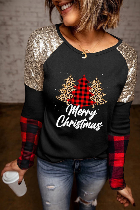 Sequin Raglan Holiday Tree Graphic Long Sleeve Top