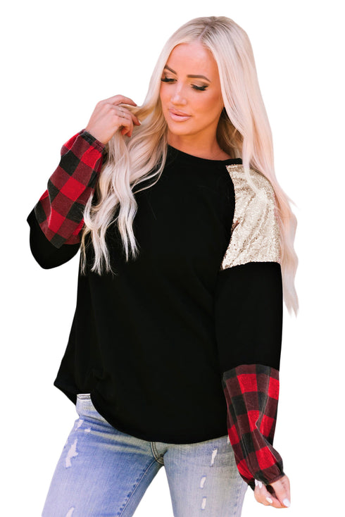 Sequin Raglan Sleeve Buffalo Plaid Mixed Media Top