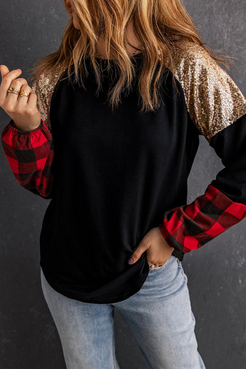 Sequin Raglan Sleeve Buffalo Plaid Mixed Media Top