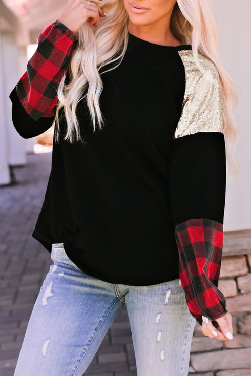 Sequin Raglan Sleeve Buffalo Plaid Mixed Media Top