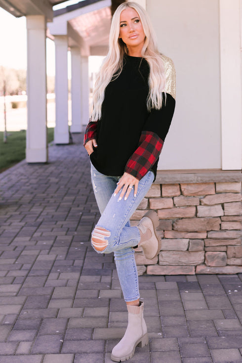 Sequin Raglan Sleeve Buffalo Plaid Mixed Media Top