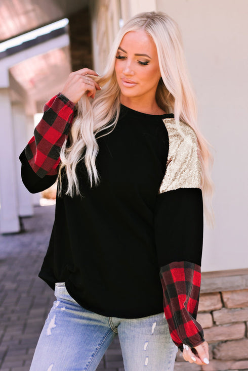 Sequin Raglan Sleeve Buffalo Plaid Mixed Media Top
