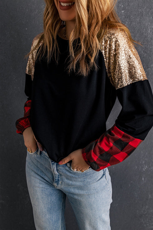 Sequin Raglan Sleeve Buffalo Plaid Mixed Media Top