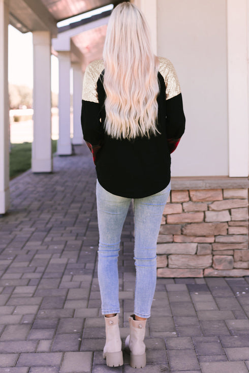 Sequin Raglan Sleeve Buffalo Plaid Mixed Media Top