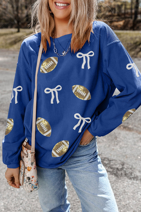 Sequin Rugby Bow Corded Rib Drop Shoulder Sweatshirt