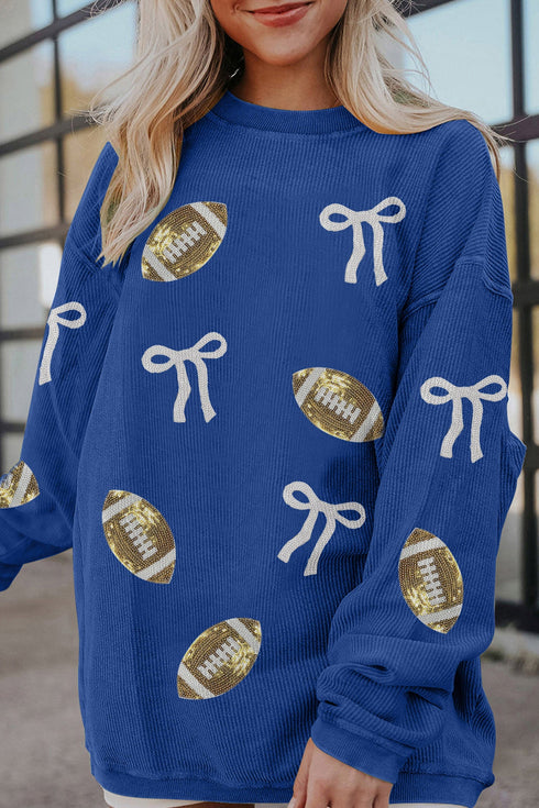 Sequin Rugby Bow Corded Rib Drop Shoulder Sweatshirt