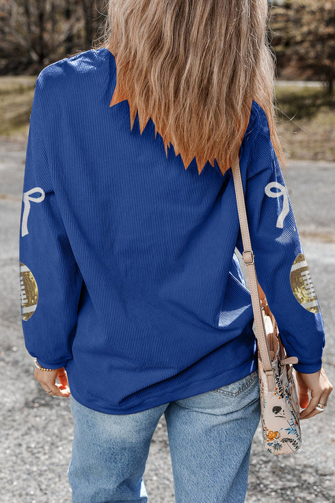 Sequin Rugby Bow Corded Rib Drop Shoulder Sweatshirt