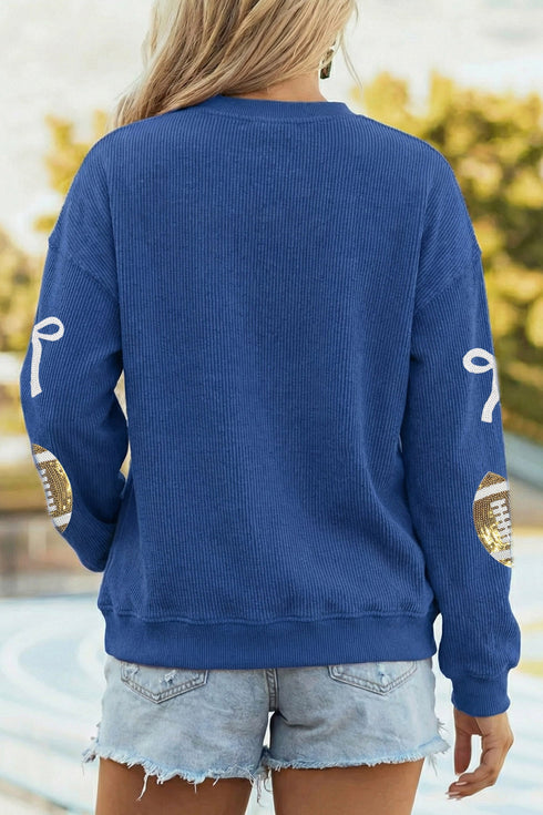 Sequin Rugby Bow Corded Rib Drop Shoulder Sweatshirt