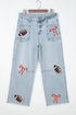 Sequin Rugby Bow Graphic Raw Hem Shift Pants