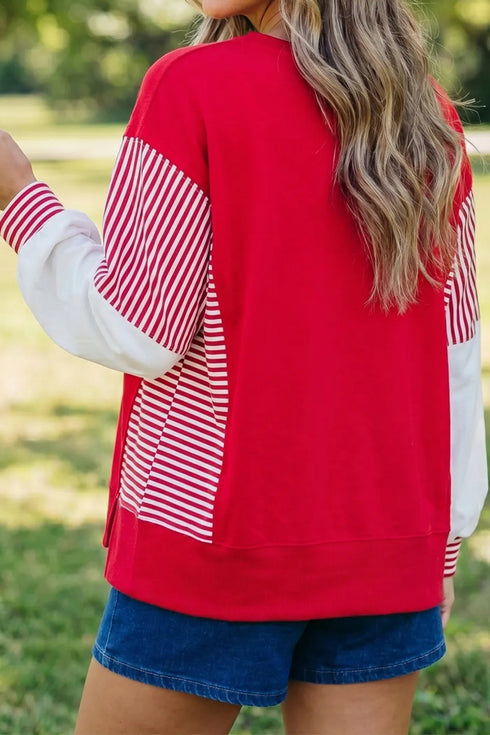 Sequin Rugby Bow Striped Sleeve Patchwork Graphic Sweatshirt