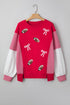 Sequin Rugby Bow Striped Sleeve Patchwork Graphic Sweatshirt