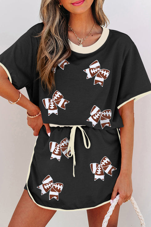 Sequin Rugby Football Bow Detail Graphic Skort Set
