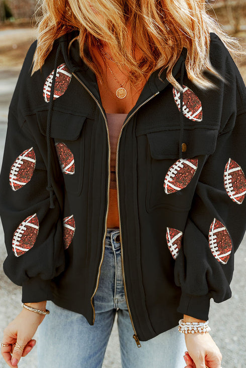 Sequin Rugby Football Pattern Zip Up Hooded Jacket