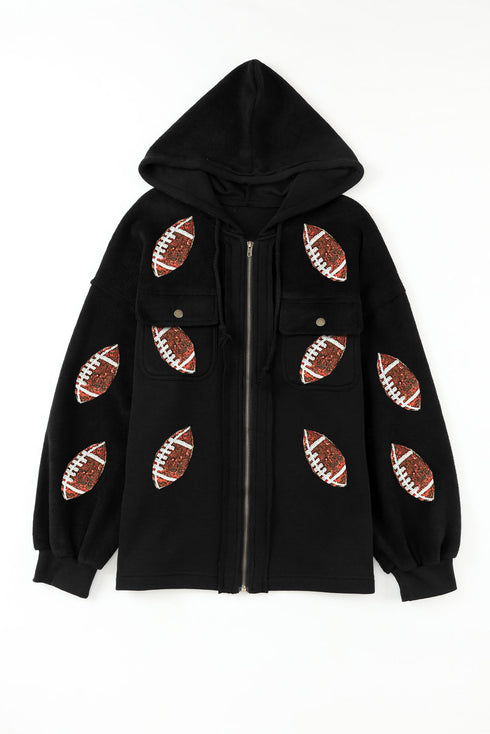 Sequin Rugby Football Pattern Zip Up Hooded Jacket