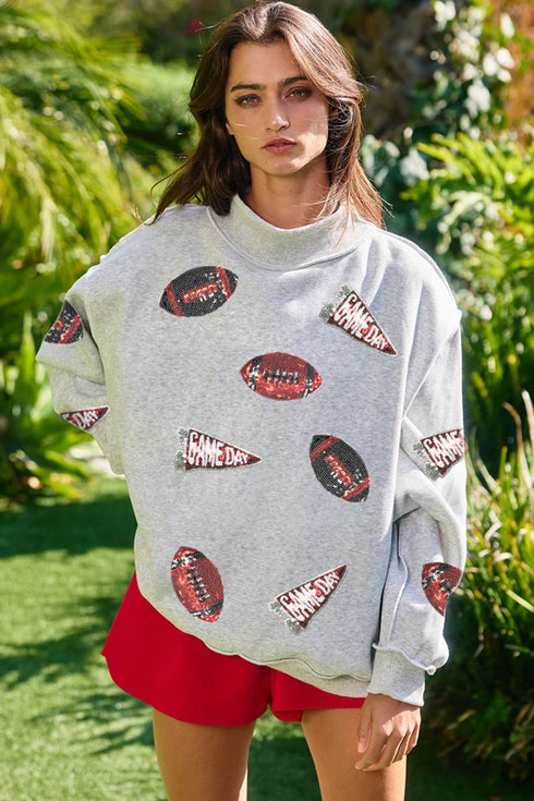 Sequin Rugby Game Day High Neck Baggy Graphic Sweatshirt
