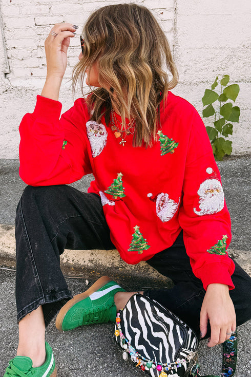 Sequin Santa And Tree Patch Crew Neck Sweatshirt