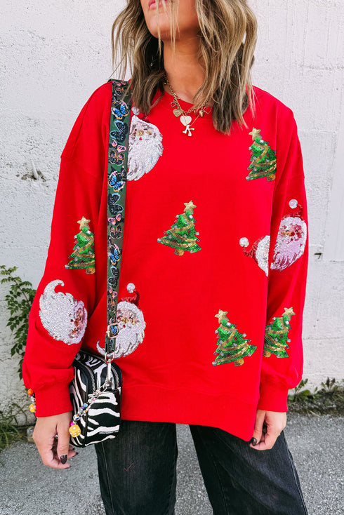 Sequin Santa And Tree Patch Crew Neck Sweatshirt