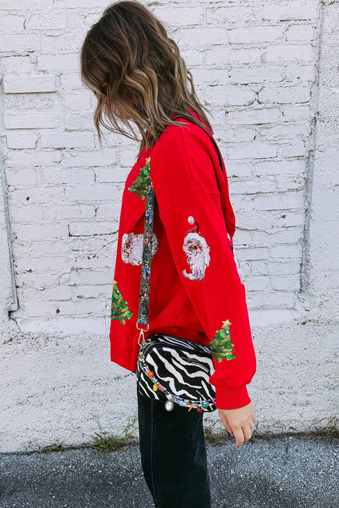Sequin Santa And Tree Patch Crew Neck Sweatshirt