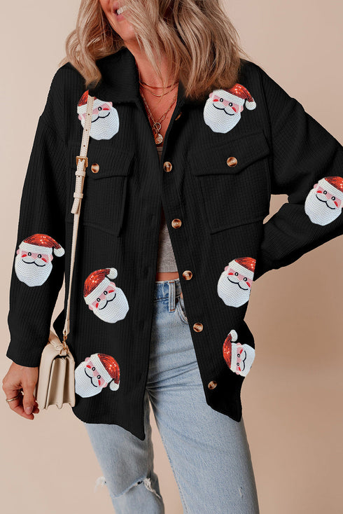 Sequin Santa Claus Graphic Ribbed Button Down Jacket