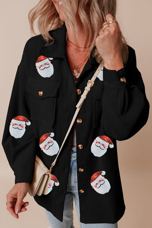 Sequin Santa Claus Graphic Ribbed Button Down Jacket