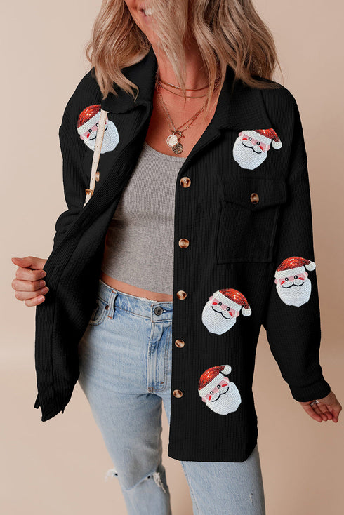 Sequin Santa Claus Graphic Ribbed Button Down Jacket