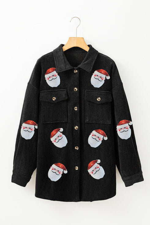 Sequin Santa Claus Graphic Ribbed Button Down Jacket
