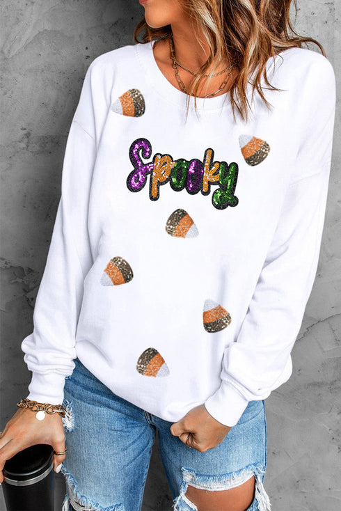 Sequin Script And Candy Motif Graphic Pullover Sweatshirt