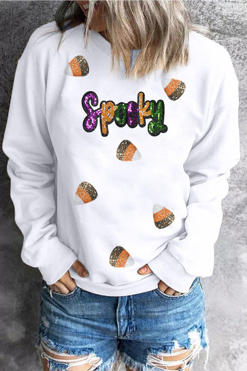 Sequin Script And Candy Motif Graphic Pullover Sweatshirt