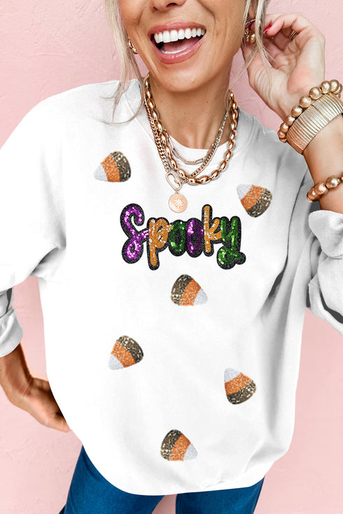 Sequin Script And Candy Motif Graphic Pullover Sweatshirt