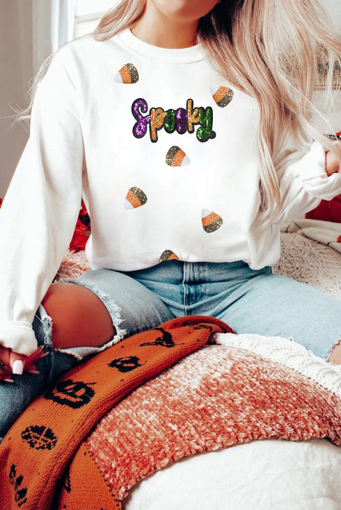 Sequin Script And Candy Motif Graphic Pullover Sweatshirt