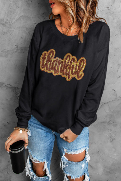 Sequin Script Graphic Crew Neck Pullover Sweatshirt