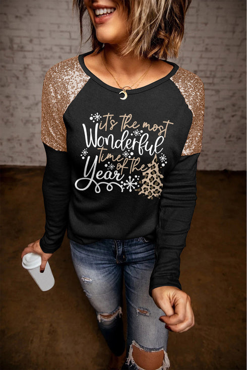 Sequin Shoulder Graphic Print Long Sleeve Top