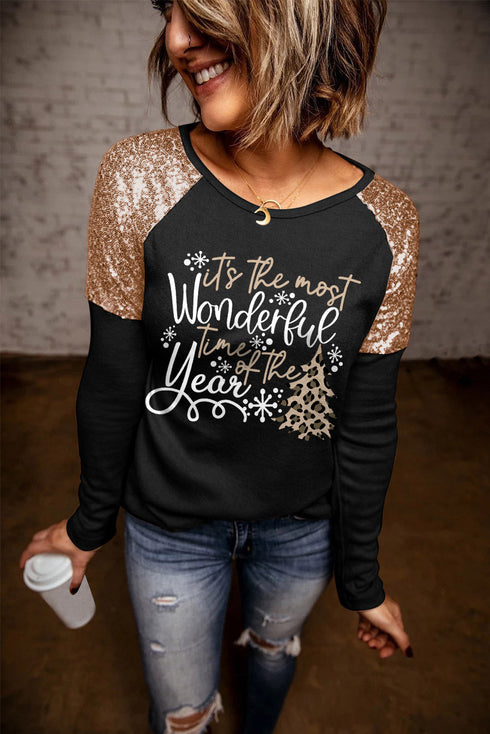 Sequin Shoulder Graphic Print Long Sleeve Top