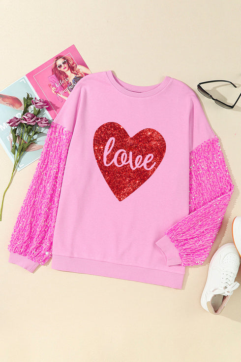 Sequin Sleeve Heart Graphic Crew Neck Pullover Sweatshirt
