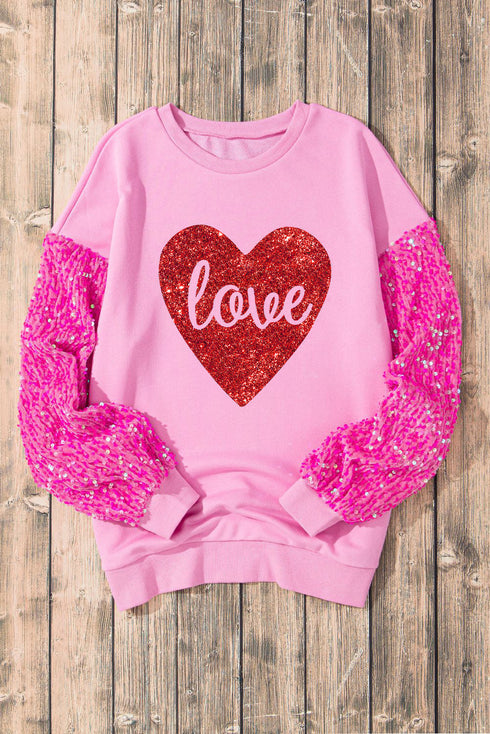 Sequin Sleeve Heart Graphic Crew Neck Pullover Sweatshirt