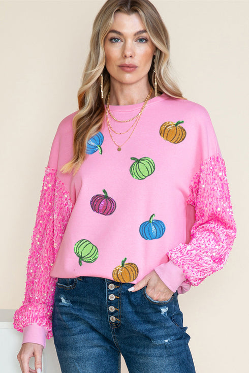 Sequin Sleeve Pumpkin Graphic Patchwork Pullover Sweatshirt