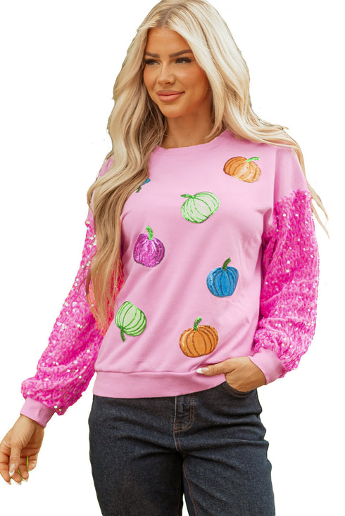 Sequin Sleeve Pumpkin Graphic Patchwork Pullover Sweatshirt
