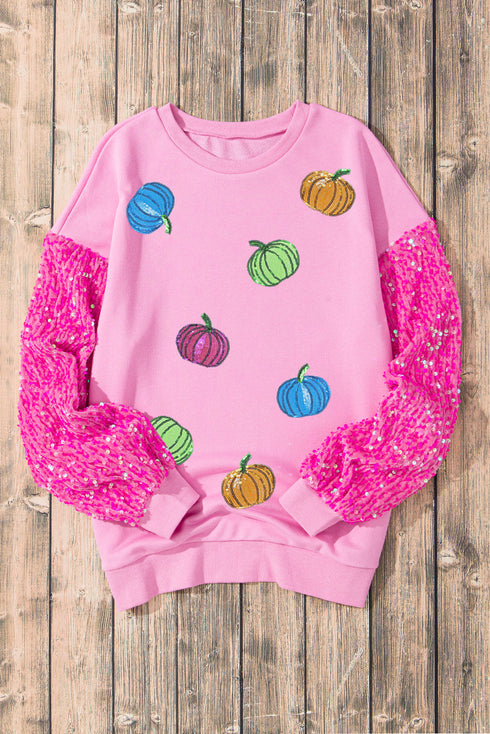 Sequin Sleeve Pumpkin Graphic Patchwork Pullover Sweatshirt