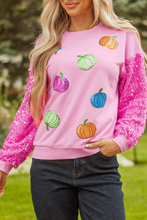Sequin Sleeve Pumpkin Graphic Patchwork Pullover Sweatshirt