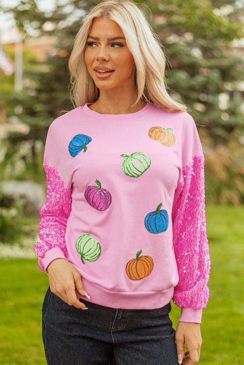Sequin Sleeve Pumpkin Graphic Patchwork Pullover Sweatshirt